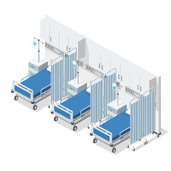 Hospital Beds with Blue Curtains and Equipment.