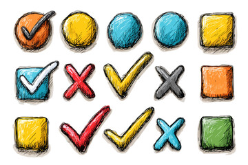 Collection d'ic&ocirc;nes de validation et de rejet dessin&eacute;es &agrave; la main, avec des coches, des croix, des cercles et des carr&eacute;s color&eacute;s sur fond transparent.