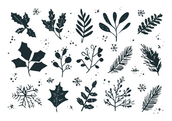 Collection d'illustrations vectorielles d'&eacute;l&eacute;ments botaniques hivernaux dessin&eacute;s &agrave; la main : houx, branches, baies et flocons de neige festifs.
