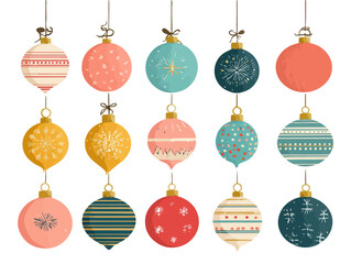 Collection de boules de No&euml;l d&eacute;coratives aux motifs vari&eacute;s, suspendues sur un fond transparent pour les c&eacute;l&eacute;brations festives de fin d'ann&eacute;e.