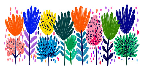 Illustration color&eacute;e et abstraite de fleurs stylis&eacute;es aux formes vari&eacute;es, cr&eacute;ant un motif joyeux et moderne sur fond blanc, id&eacute;al pour un design frais et transparent.