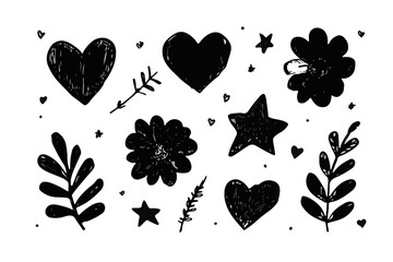 Collection d'&eacute;l&eacute;ments d&eacute;coratifs noirs dessin&eacute;s &agrave; la main, incluant c&oelig;urs, &eacute;toiles et feuillages, avec une texture granuleuse pour un design transparent et artistique.