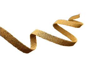 Ruban dor&eacute; scintillant et ondulant, id&eacute;al pour ajouter une touche festive et &eacute;l&eacute;gante &agrave; vos designs, isol&eacute; sur fond blanc.