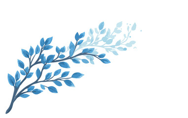 Illustration d&eacute;licate d'une branche aux feuilles bleues, cr&eacute;ant un effet transparent et &eacute;th&eacute;r&eacute; sur un fond blanc, id&eacute;ale pour le design floral et les motifs v&eacute;g&eacute;taux.