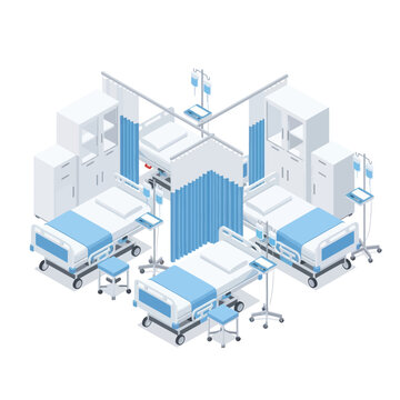 Hospital Room with Four Beds and Equipment.
