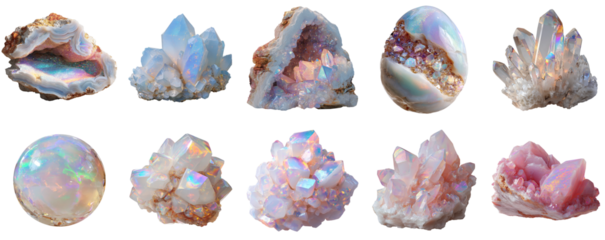 Collection of 10 iridescent opal crystals and holographic geode clusters isolated on transparent background