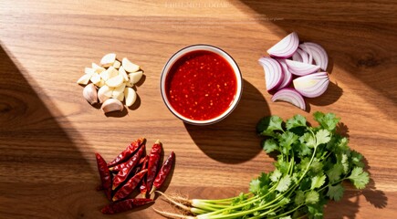 Essential Ingredients for a Fiery Dish on a Wooden Surface