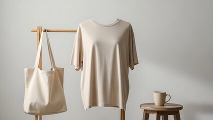 Minimalist Beige T-Shirt and Tote Bag Display with Coffee Cup.