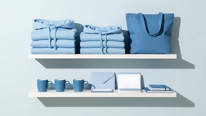 Neatly Folded Blue Clothes and Accessories Displayed on White Shelves.