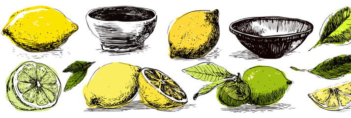 Ensemble d'&eacute;l&eacute;ments graphiques vectoriels dessin&eacute;s &agrave; la main : citrons, limes, feuilles et bols, isol&eacute;s sur fond blanc pour un usage polyvalent.