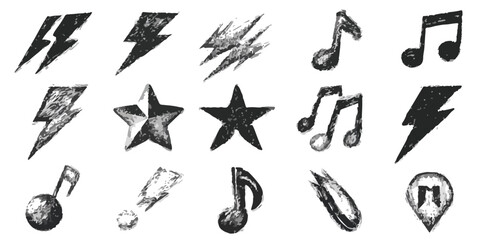 Ensemble d'ic&ocirc;nes vectorielles dessin&eacute;es &agrave; la main, style grunge, avec &eacute;clairs, &eacute;toiles et notes de musique pour designs cr&eacute;atifs.