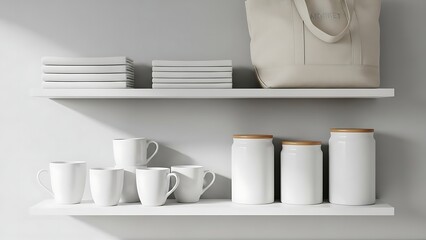 Minimalist Kitchen Shelves Displaying White Mugs and Storage Containers.
