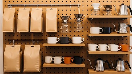 Coffee Shop Display With Bags, Mugs, And Brewing Equipment.