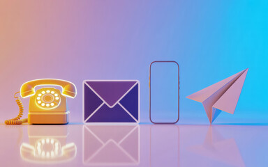 A vibrant conceptual display of various modes of contact and communication across various media with neon and digital elements of communication and so