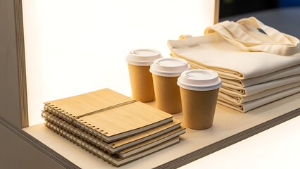 Stack of notebooks and disposable coffee cups on a shelf with folded clothes.