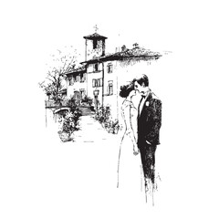 Hand drawn Italian style vintage wedding couple