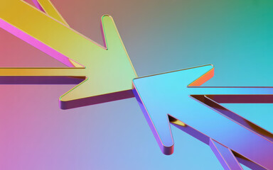 Two metallic 3D arrows with vibrant iridescent sheen cross paths on a gradient background illustrating dynamic interaction and conceptual exchange