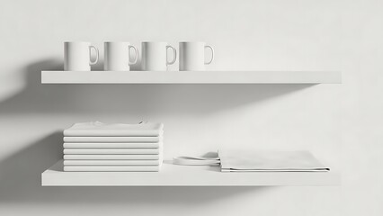 Minimalist White Shelves with Mugs and Books Displayed.