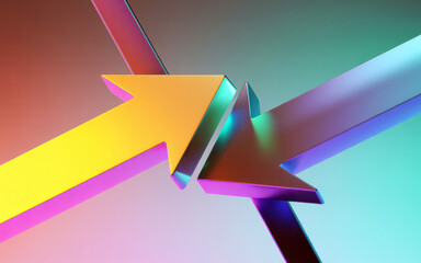 Two vibrant metallic arrows clash or converge on an abstract gradient background illustrating dynamic conflict or connection with iridescent light
