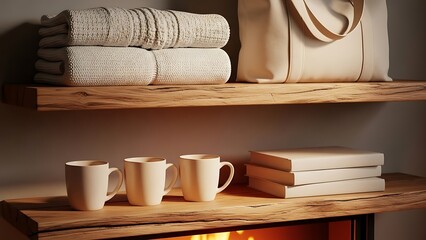 Cozy Home Decor with Stacked Towels, Mugs, and Books on Wooden Shelves.