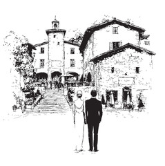 Hand drawn Italian style vintage wedding couple