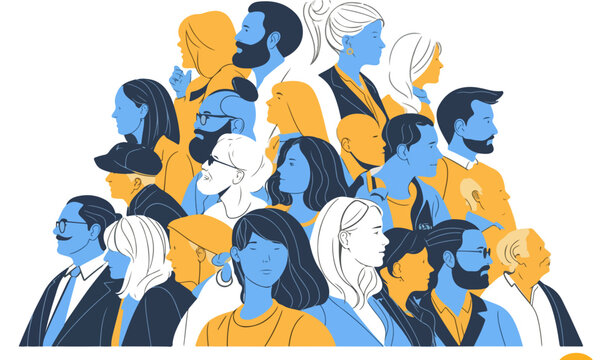 Illustration vectorielle moderne de profils de personnes diverses, repr&eacute;sentant une communaut&eacute; unie et la richesse de la population mondiale, sur fond blanc.