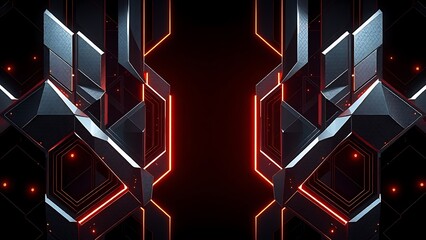 Futuristic abstract artwork featuring geometric metallic patterns and glowing accents on a dark gradient background.