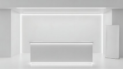 Modern minimalist reception desk with clean white design and integrated lighting.