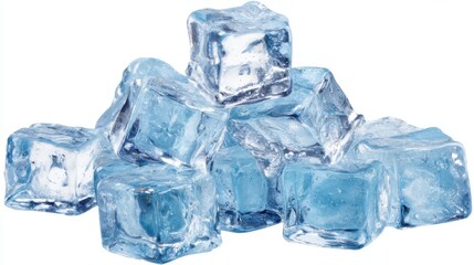Obraz premium A visually appealing stack of clear blue ice cubes isolated against a white background. Perfect for illustrating freshness, chill, or cold concepts in culinary and beverage contexts.