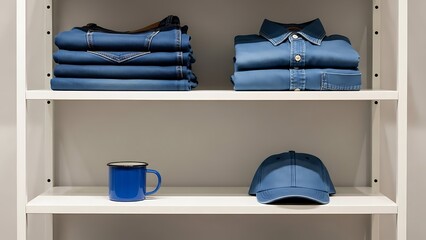 Neatly Folded Blue Denim Clothing and Accessories on White Shelves.