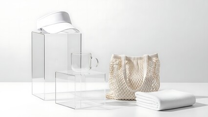 Minimalist Studio Shot of White Clothing and Accessories on Acrylic Pedestals.
