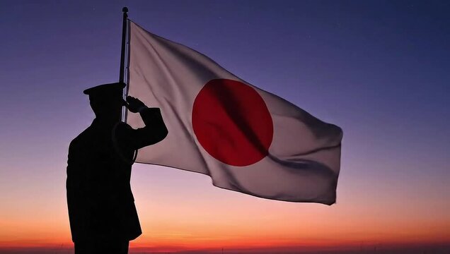 Patriotic silhouette saluting the Japanese flag against a vibrant sunset sky, symbolizing honor and national pride.