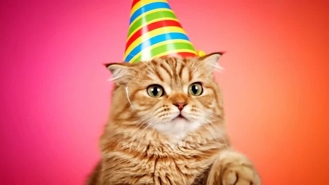 Funny fluffy cat with a colorful party hat making various expressions on a vibrant background