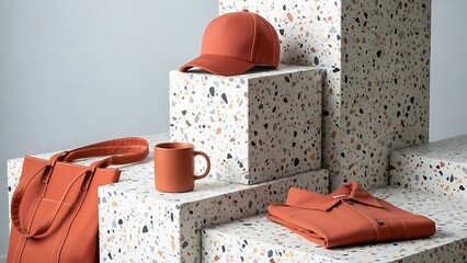 Stylish Terracotta Apparel and Accessories Displayed on Geometric Blocks.