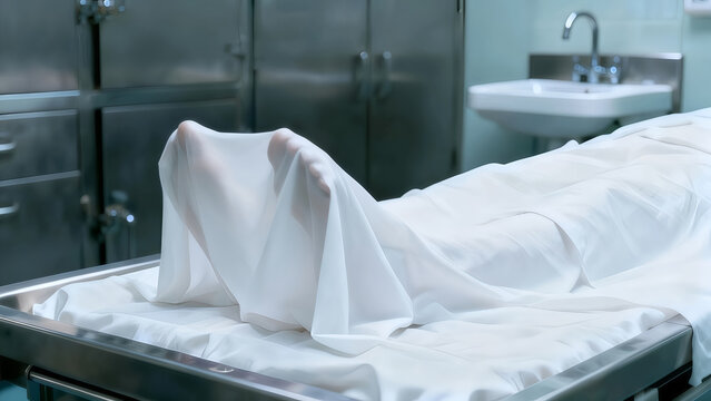A covered human body lies on a metal stretcher in a morgue or autopsy room. The scene conveys themes of death, medical examination, and the end-of-life process.