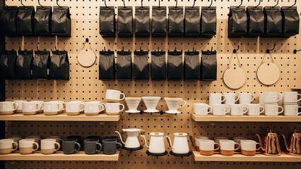 Coffee Shop Display with Bags of Beans, Mugs, and Brewing Equipment.