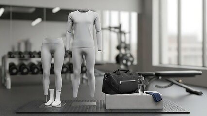 Gym Workout Apparel Display with Fitness Equipment and Accessories.