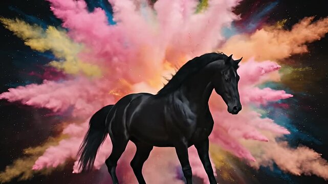 Majestic Black Horse Rearing Up Amidst Colorful Powder Explosion