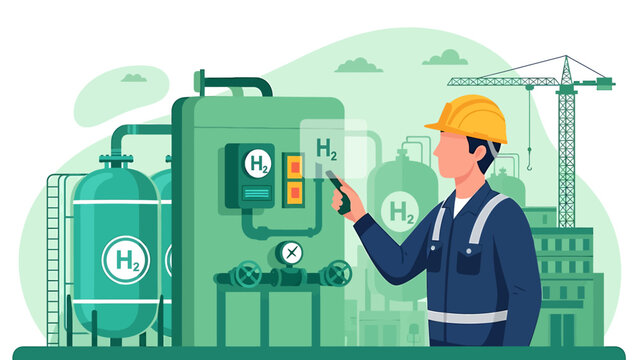 Man in hard hat operating hydrogen production facility controls.