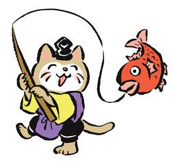 鯛を釣り上げる猫の恵比寿天