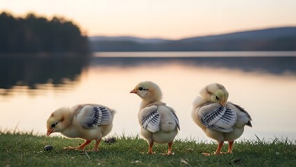 Three adorable chicks stroll on grass field near water during sunrise