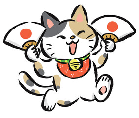 扇子を持って舞うハチワレ猫