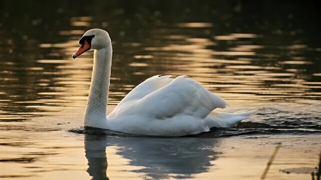 Majestic Swan Gliding on Golden Water Sunset Light Soft Focus