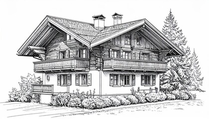 Naklejka premium Detailed Sketch of a Traditional Alpine Chalet with Balconies.