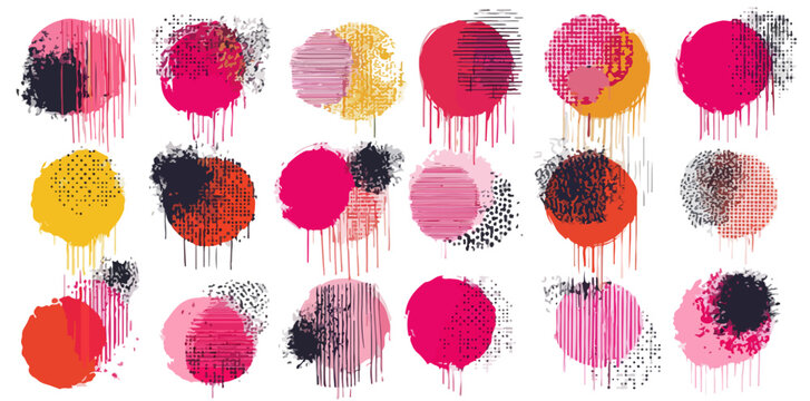Ensemble d'&eacute;l&eacute;ments graphiques abstraits et modernes : cercles color&eacute;s avec effets de goutte, textures vari&eacute;es et superposition transparente sur fond blanc.