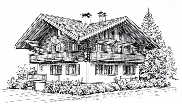 Detailed Sketch of a Traditional Alpine Chalet with Balconies.