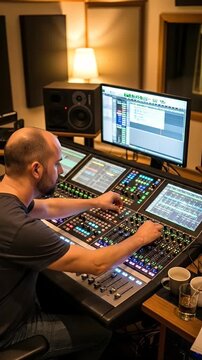 Man Adjusting Sound Mixer In Dimly Lit Recording Studio