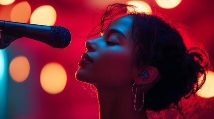 A young woman with closed eyes singing into a microphone with red and blue lights in the background.