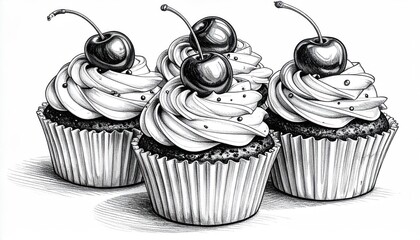 Detailed Sketch of Cupcakes with Cherries and Swirled Frosting.