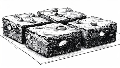 Detailed Sketch of Delicious Brownies with Nut Toppings.
